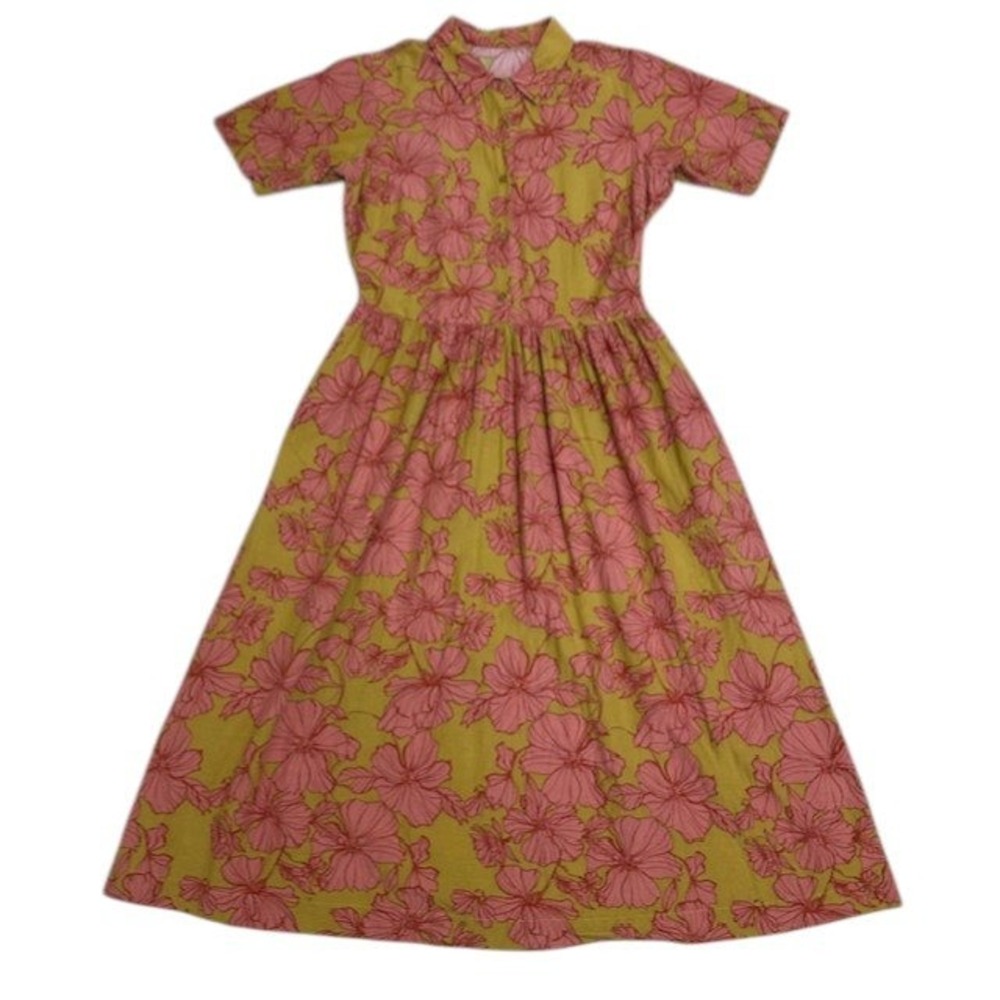 Downeast Floral Midi Dress Button Down Short Sleeve Green Pink Cottagecore‎ Sz M